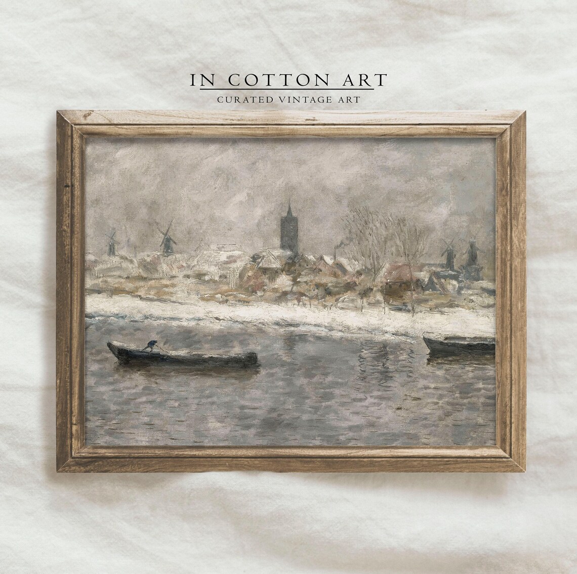 Dutch Winter River Scene Boats Windmills Vintage Oil Painting - Image 4