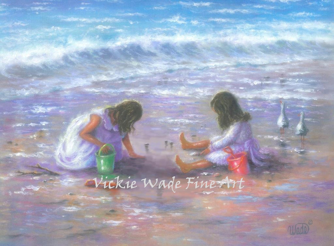 Two Sisters Beach Art Print Two Girls Beach Girls Brunette Girls Wall Art Beach Children Shelling Girls Room Art Vickie Wade Art