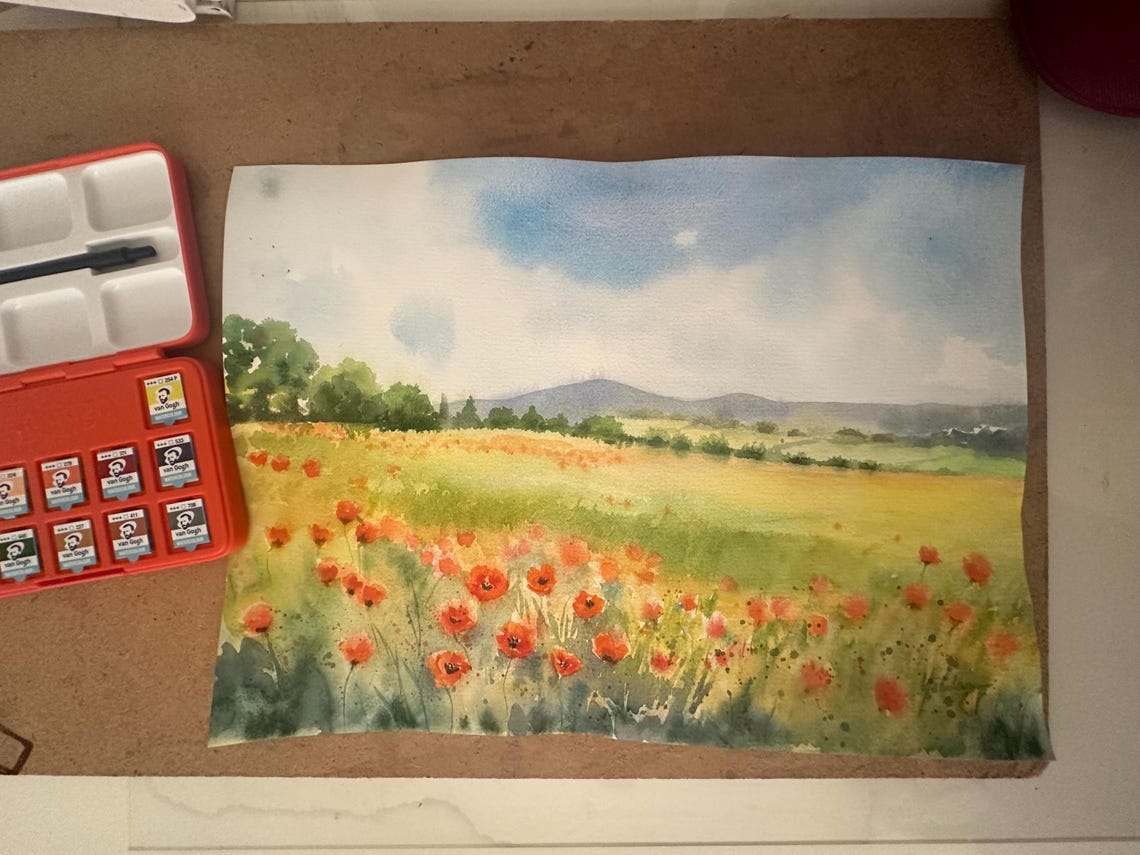 Poppy Meadow with Rolling Hills and Blue Sky Watercolor Poster - Image 3