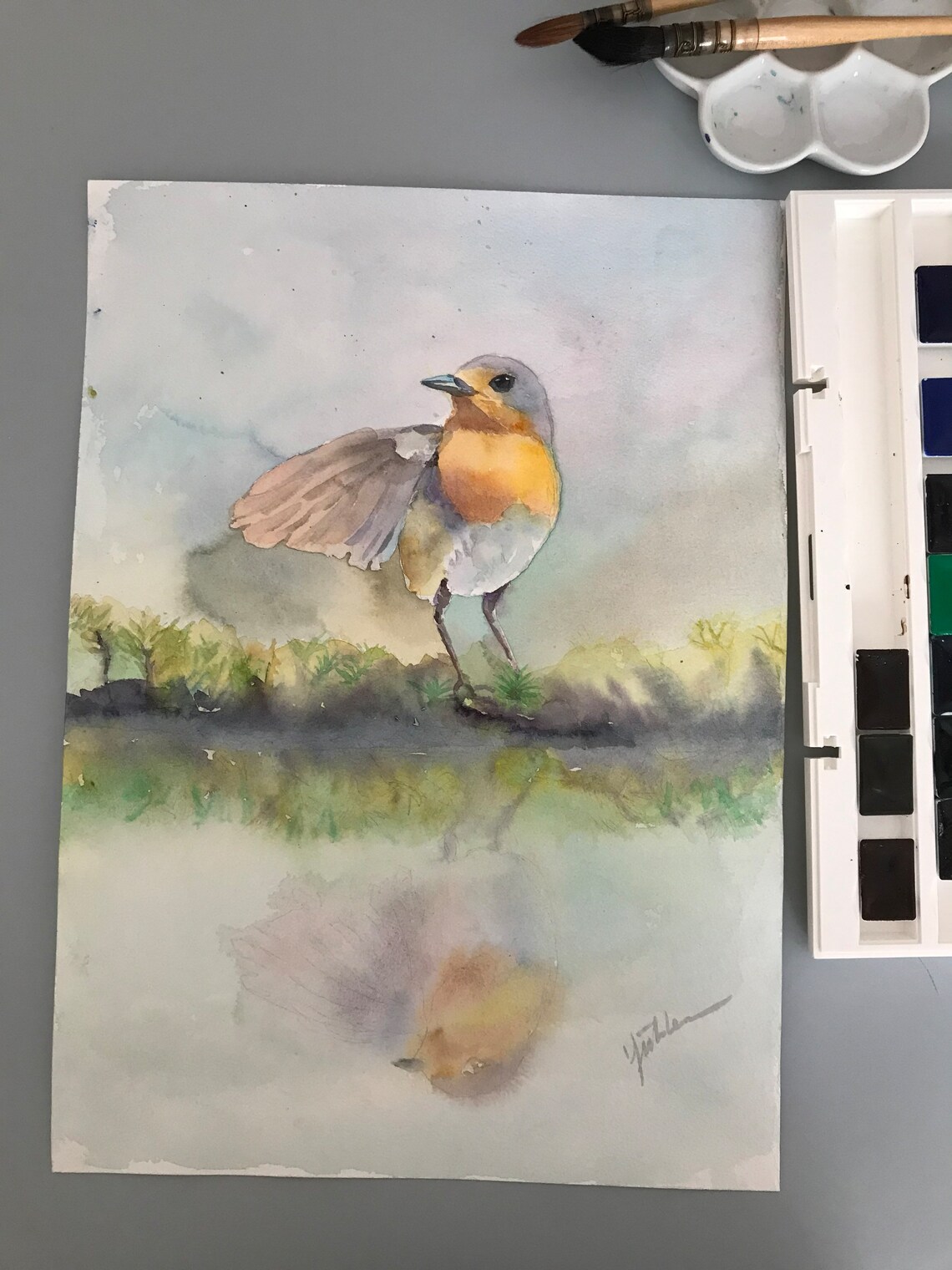 European Robin Stretching Wings by Water Watercolor Bird Poster - Image 2