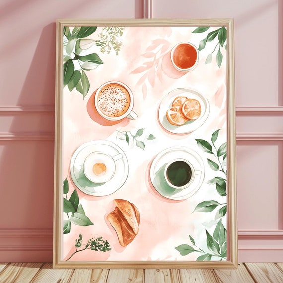 French Cafe Croissant Breakfast Print Coffee Poster Kitchen Wall Art Kitchen Prints Trendy Kitchen Print Home Decor
