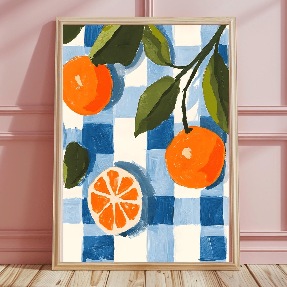 Fresh Oranges on Blue Gingham Watercolor Fruit Kitchen Art Poster