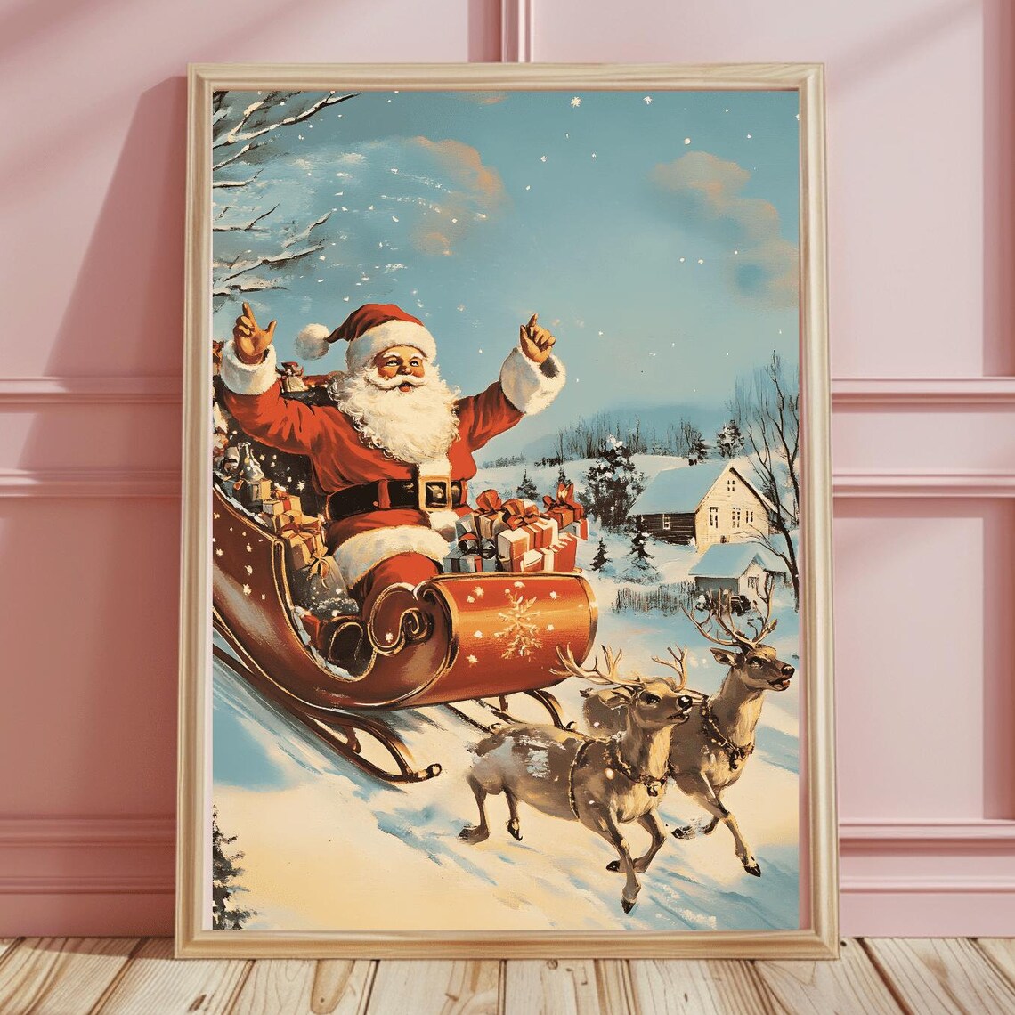 Joyful Vintage Santa Racing His Reindeer-Drawn Sleigh Through Snow Poster