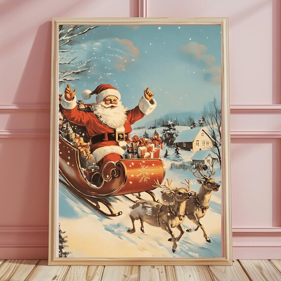 Joyful Vintage Santa Racing His Reindeer-Drawn Sleigh Through Snow Poster
