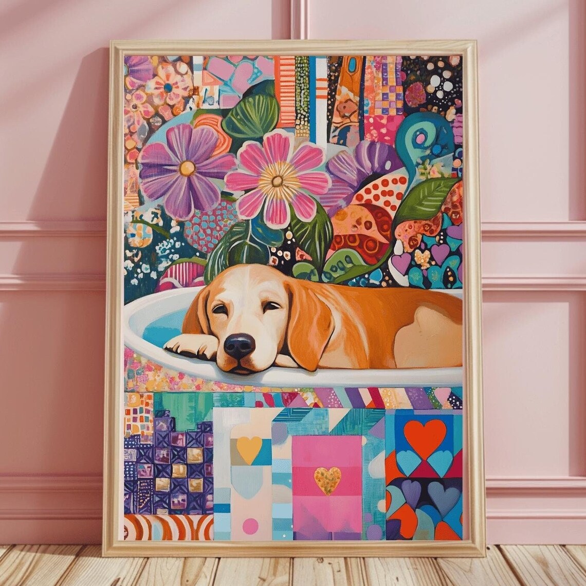 Golden Retriever Puppy Relaxing in Floral Patchwork Tub Art Poster