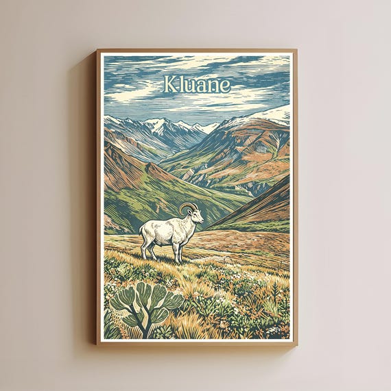 Kluane National Park Print Bighorn Sheep Wall Art Vintage Travel Poster Mountain Nature Decor