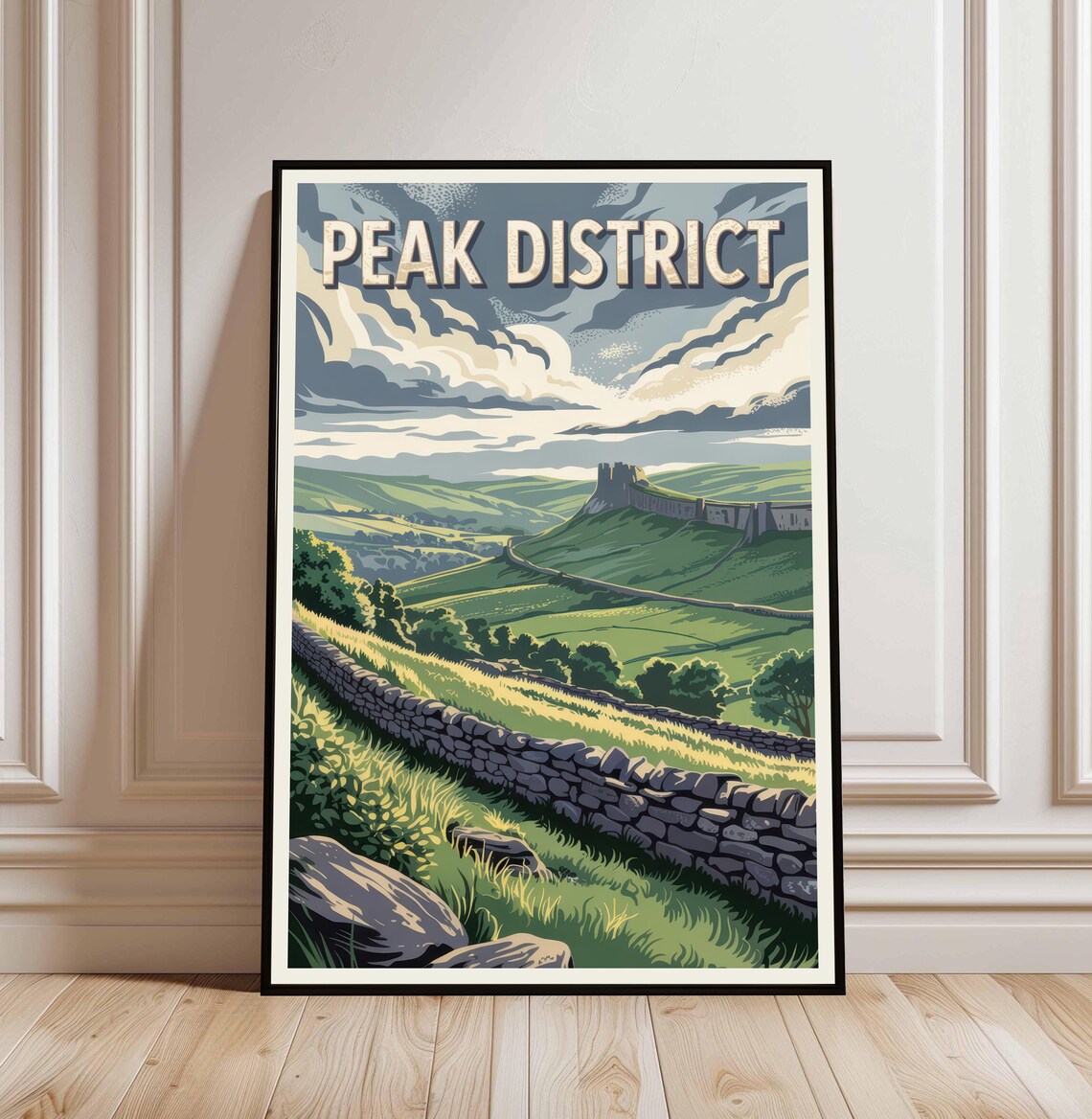 Peak District Rolling Green Hills Stone Walls Castle Travel Poster