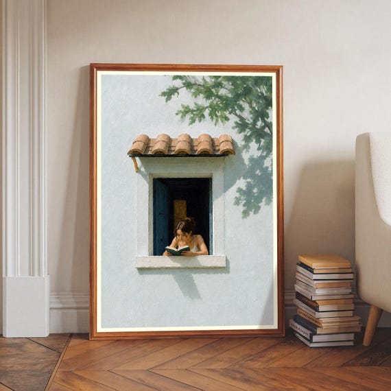 Woman Reading Book Painting Open Window Wall Art Terracotta Awning Print Green Foliage Decor