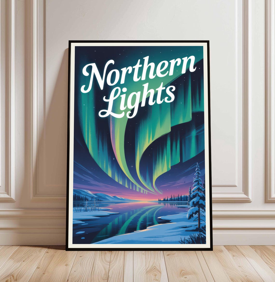 Northern Lights Aurora Night Snowy Lake Vintage Travel Art Poster