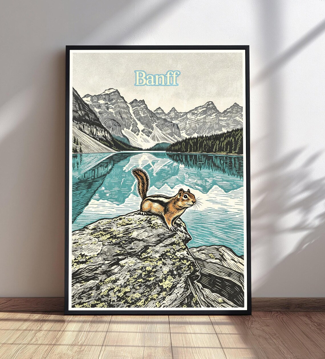 Banff National Park, Woodcut Style Poster