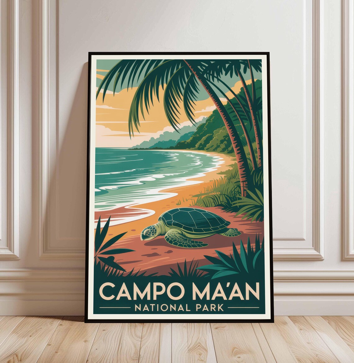 Campo Maan National Park Sea Turtle Beach Palm Sunset Travel Art Poster
