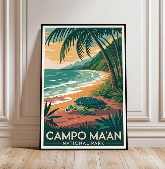 Campo Maan National Park Sea Turtle Beach Palm Sunset Travel Art Poster