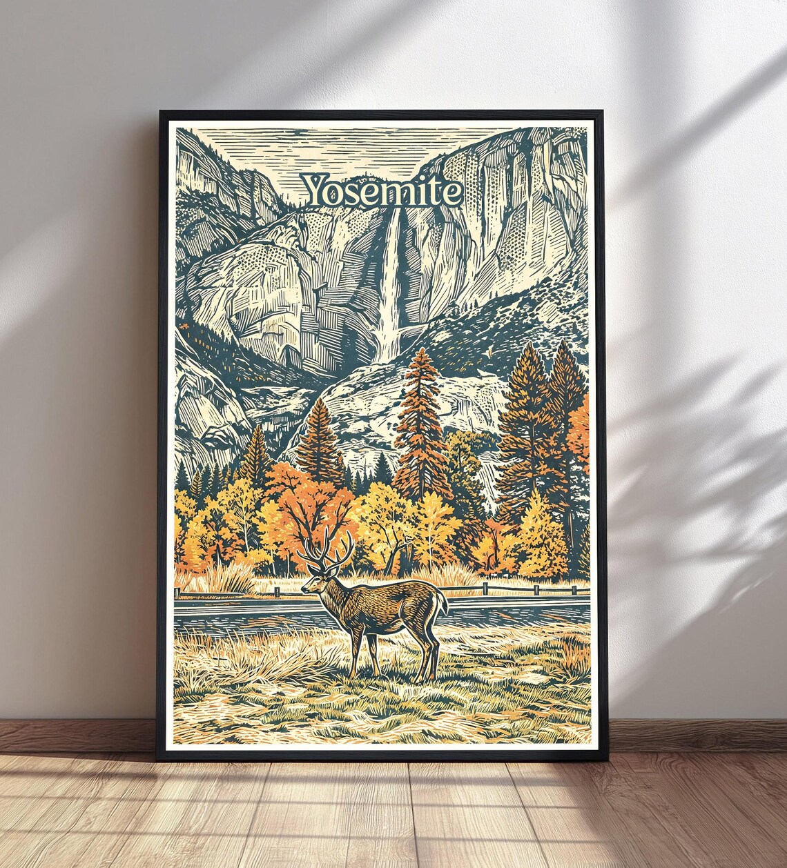 Yosemite Woodcut Deer Poster Waterfall Autumn Trees Vintage Travel Scene
