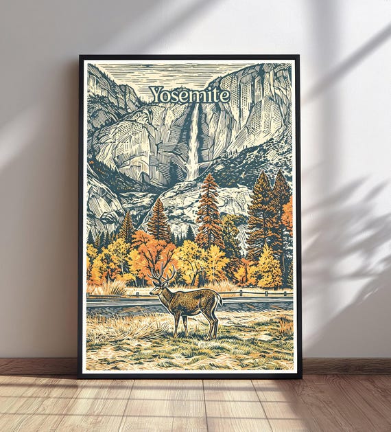 Yosemite National Park Poster Vintage Travel Wall Art Deer Waterfall Print Autumn Mountains Decor