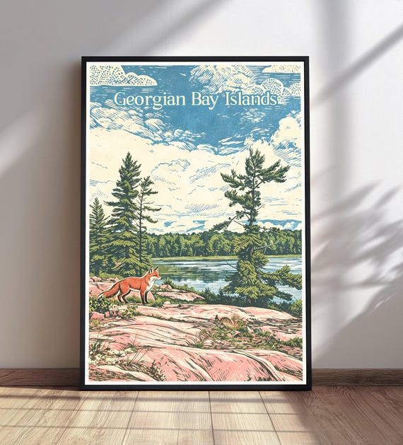 Georgian Bay Islands Travel Poster Fox Pink Rocks Print Vintage Ontario Wall Art Lake Pine Trees Decor