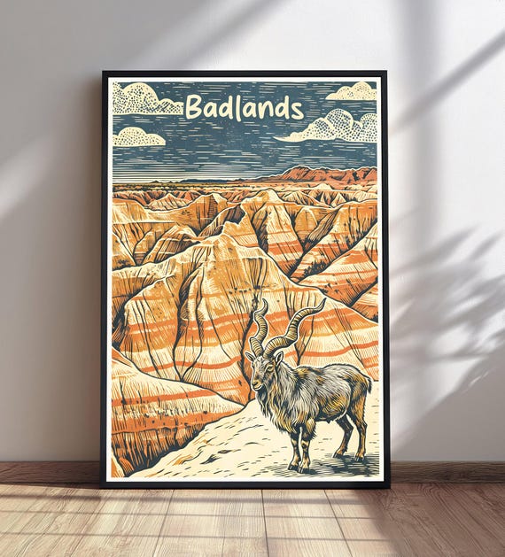 Badlands National Park Poster Bighorn Sheep Print Vintage Art South Dakota Travel