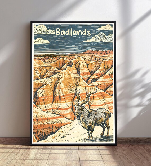 Badlands National Park Vintage Travel Print Bighorn Sheep Art