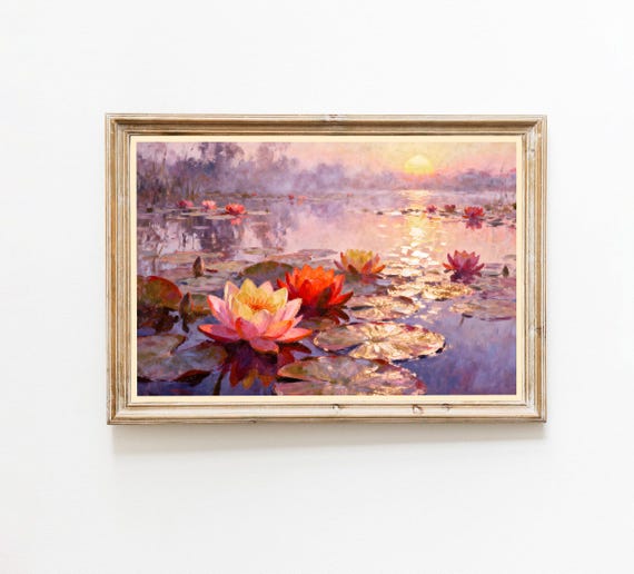 Impressionist Water Lily Print Sunset Pond Wall Art Colorful Floral Painting Serene Nature Decor