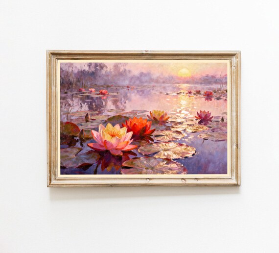 Sunset Water Lily Pond Impressionist Pink Floral Painting Poster