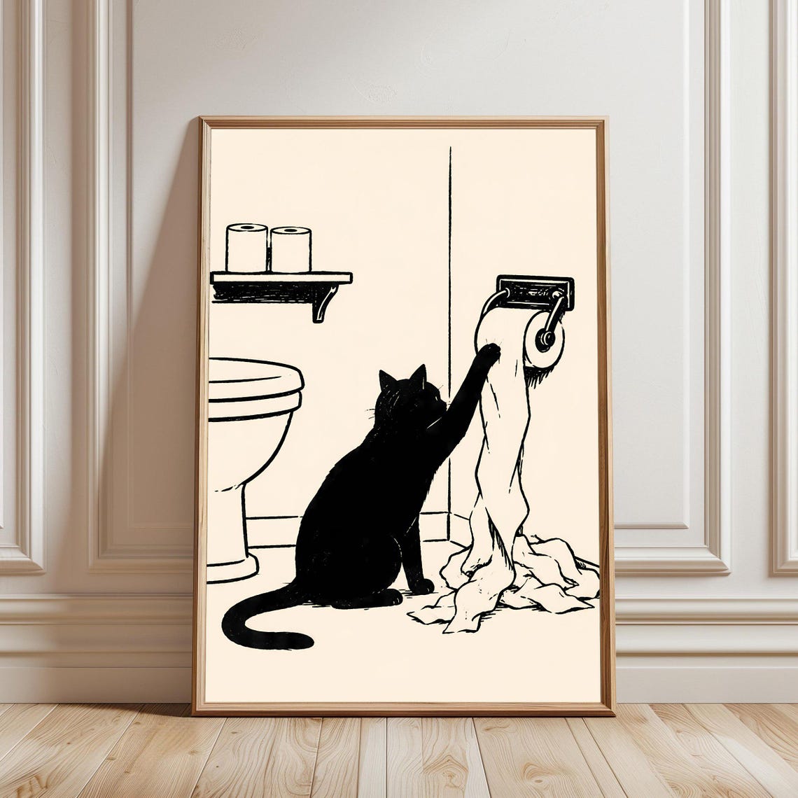 Black Cat Toilet Paper Art Print Funny Kitten Bathroom Wall Decor Humorous Pet Lover Gift Mischievous Poster