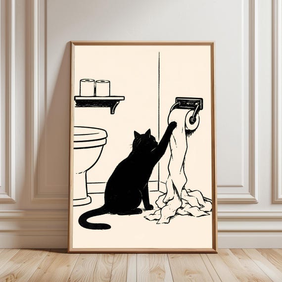 Black Cat Toilet Paper Art Print Funny Kitten Bathroom Wall Decor Humorous Pet Lover Gift Mischievous Poster