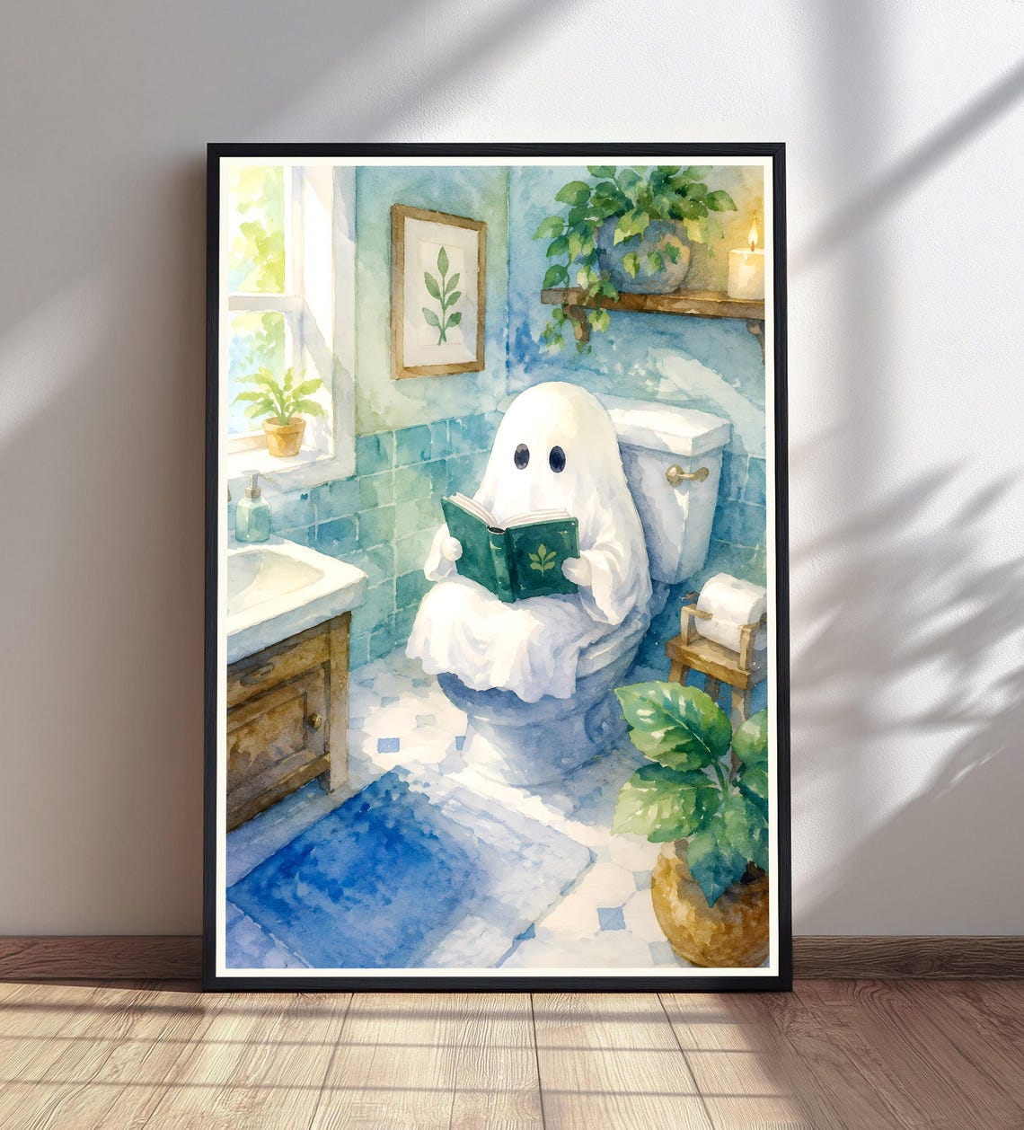 Ghost Reading Book On Toilet Funny Halloween Bathroom Poster