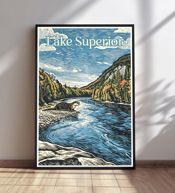 Lake Superior National Park Poster Otter Woodcut Print Vintage Style Travel Art Nature Wall Decor