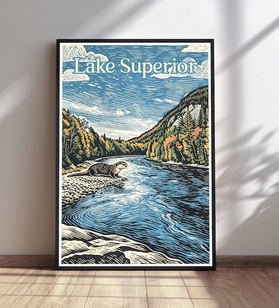 Lake Superior River Otter Autumn Forest Vintage Woodcut Poster