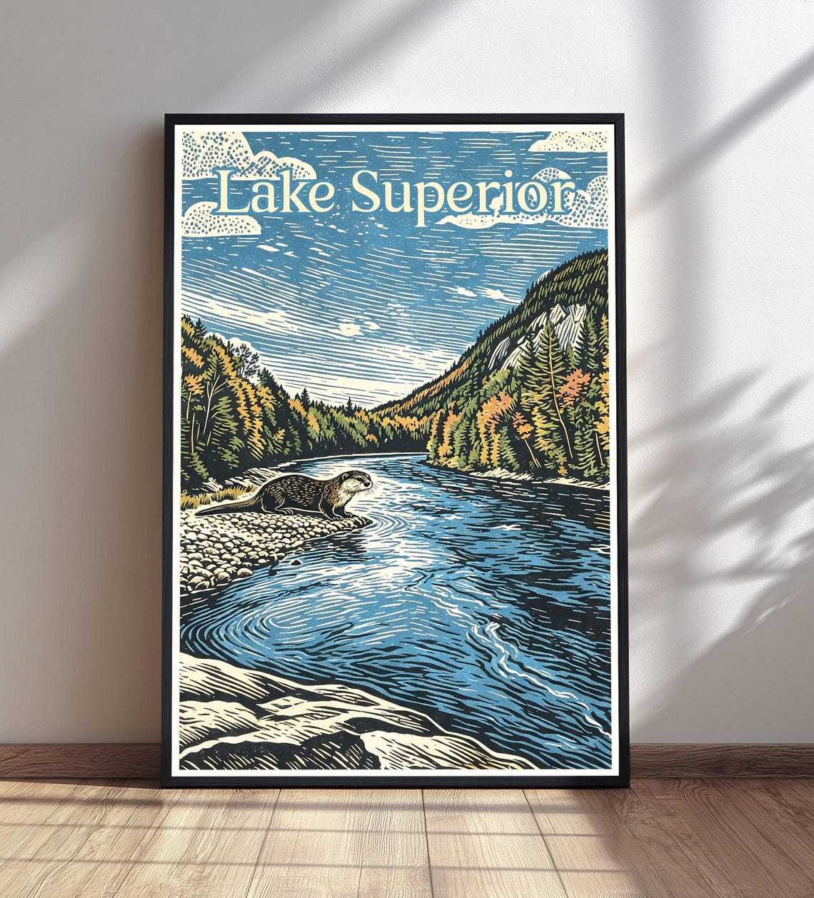 Lake Superior River Otter Autumn Forest Vintage Woodcut Poster