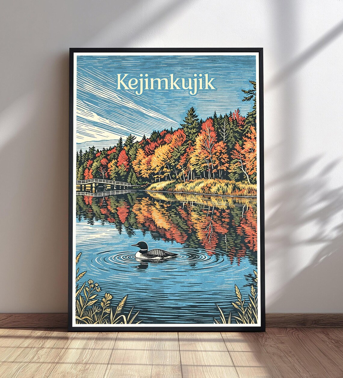 Kejimkujik Autumn Lake Loon Vintage Travel Poster Nova Scotia