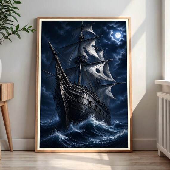 Stormy Pirate Ship Print Full Moon Ocean Art Dark Academia Decor Moody Nautical Wall