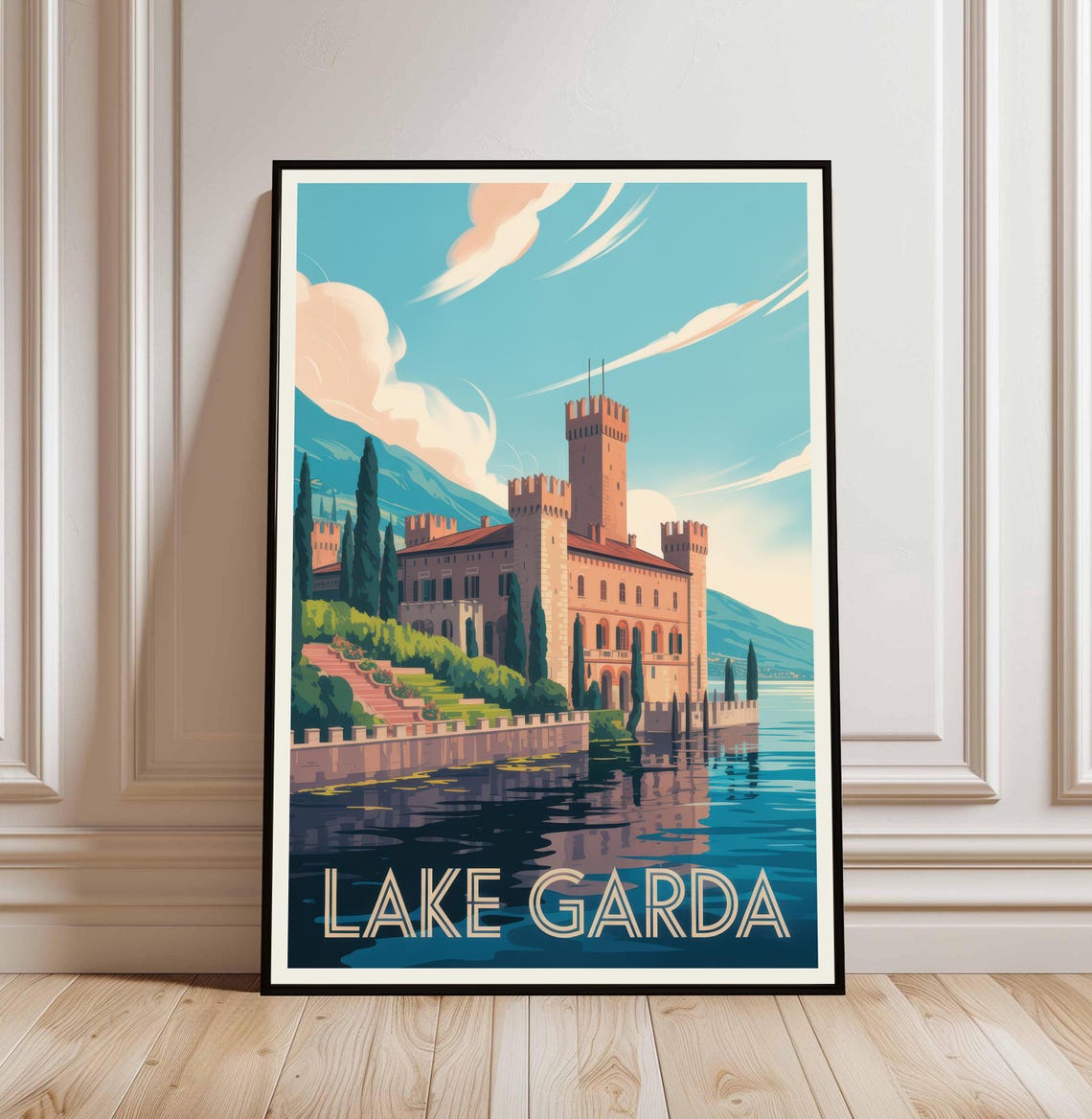 Lake Garda Italy Castle On Water Vintage Alpine Travel Poster