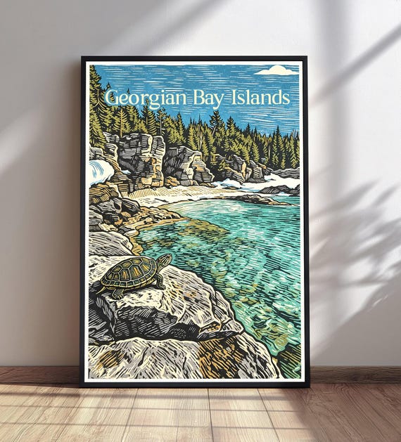 Georgian Bay Islands Travel Poster Woodcut Turtle Print Ontario Landscape Wall Art Canada Lake Decor