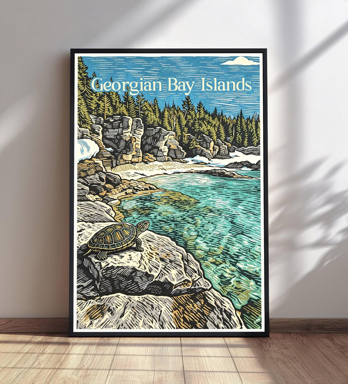 Georgian Bay Islands Turtle Lake Vintage Woodcut Travel Poster