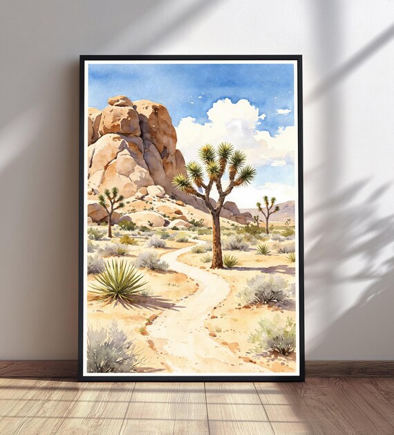 Joshua Tree Desert Landscape Watercolor Cactus Trail Art Print