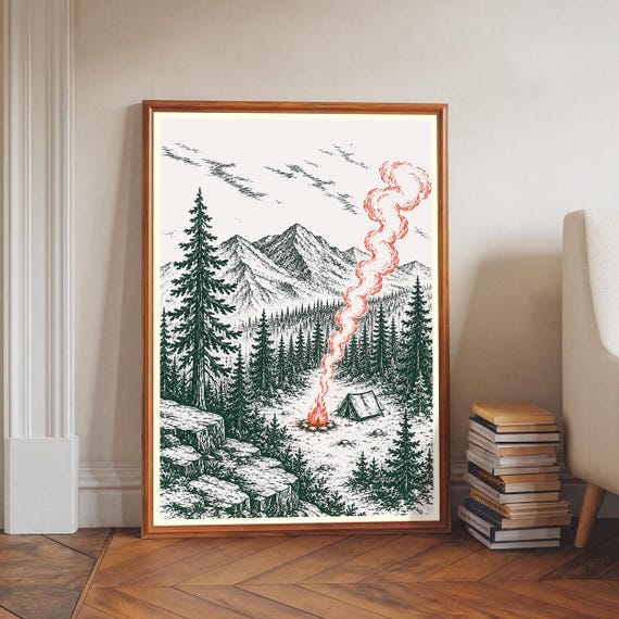 Mountain Campsite Print Forest Landscape Wall Art Bonfire Tent Nature Decor Pine Tree Campfire Poster