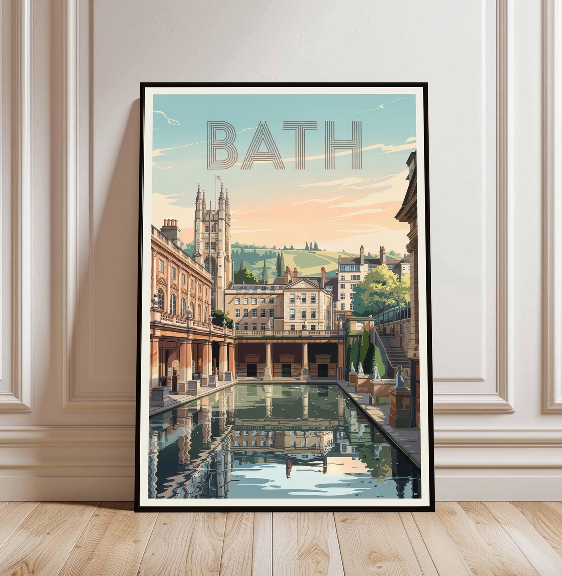Bath England Roman Baths Abbey Tower Vintage Cityscape Travel Poster