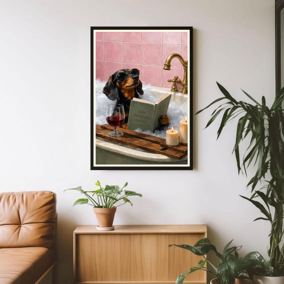 Dachshund Bubble Bath Wall Art Funny Dog Reading In Tub Print Sausage Decor Wiener Gift