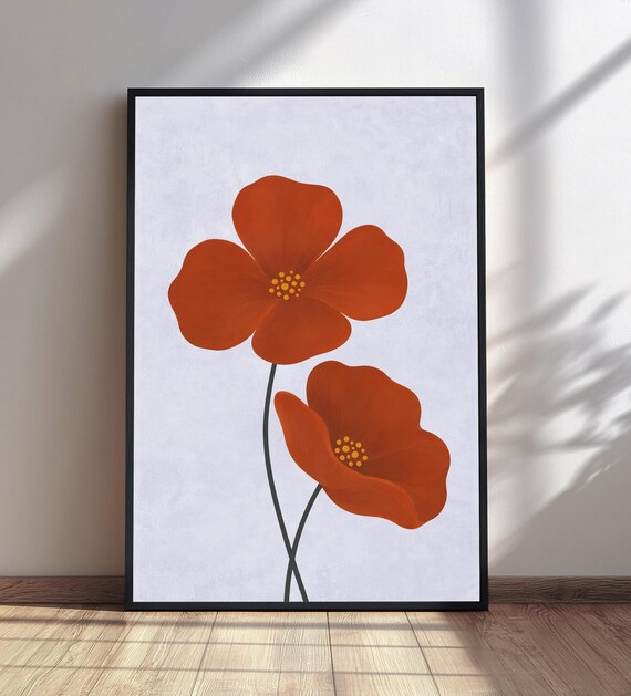 Burnt Orange Blooms Pair Minimalist Botanical Line Art Wall Poster