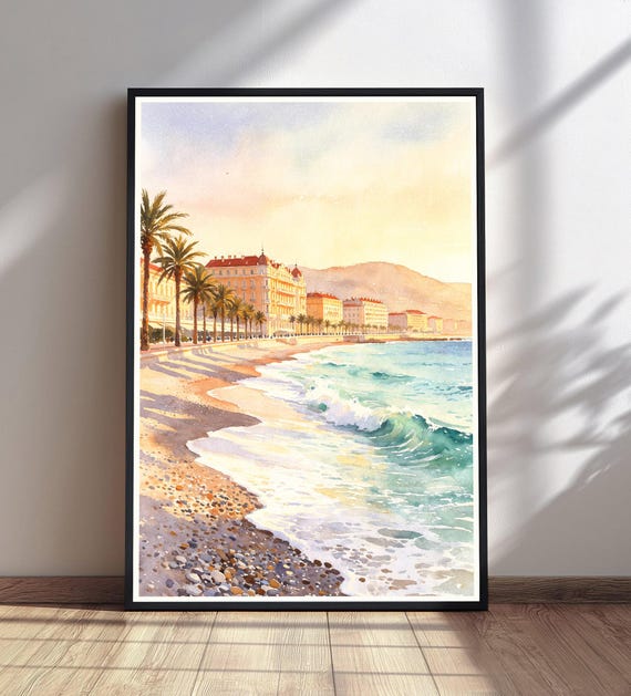 Coastal Watercolor Print Sunny Beach Palm Trees Historic Buildings Wall Art Pebble Decor