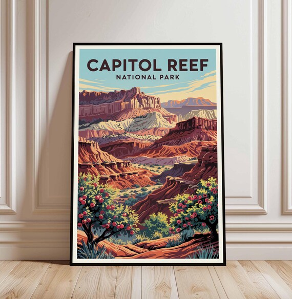 Capitol Reef National Park Red Rock Canyon Orchard Utah Vintage Travel Poster