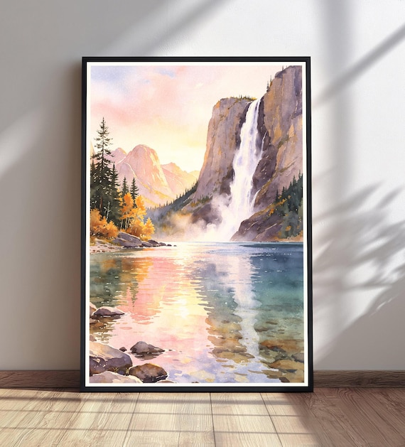Waterfall Lake Mountain Sunset Watercolor Autumn Landscape Poster
