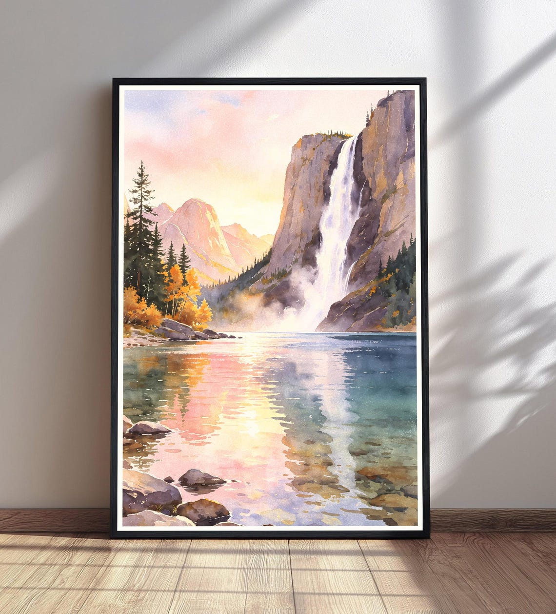 Waterfall Lake Mountain Sunset Watercolor Autumn Landscape Poster