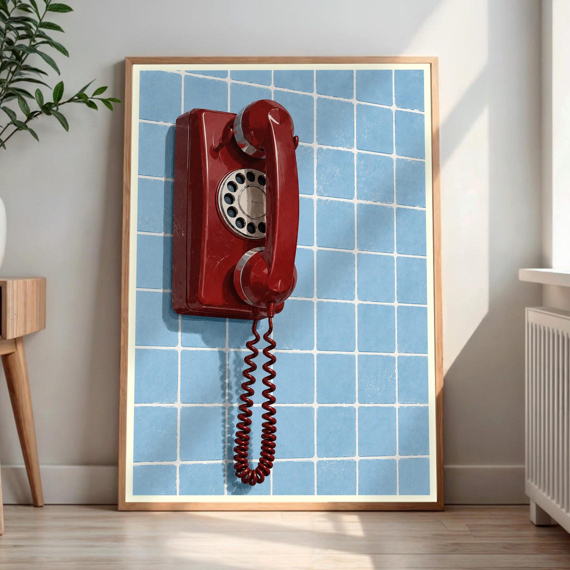 Red Rotary Wall Telephone Retro Blue Tile Nostalgic Decor Poster