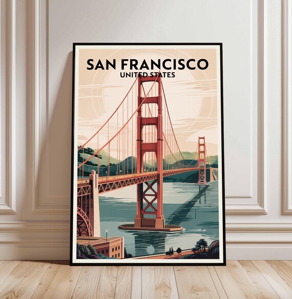 San Francisco Golden Gate Bridge Fog Retro Vintage Travel Poster