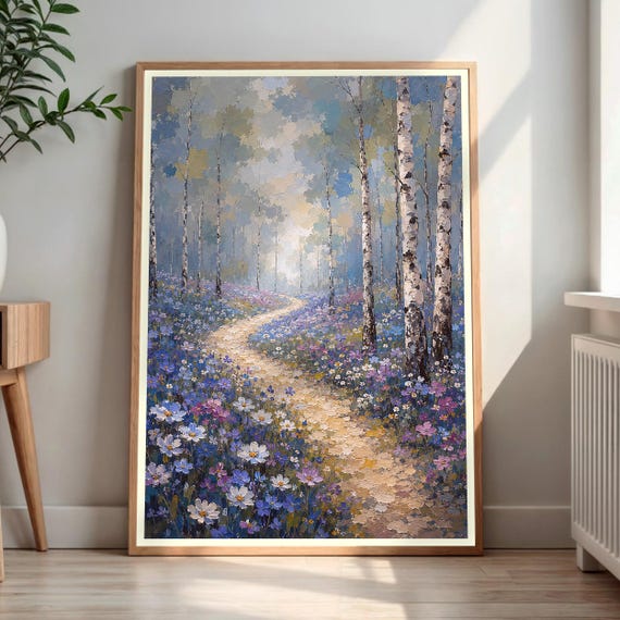Birch Tree Forest Print Impressionistic Landscape Painting Colorful Flowers Wall Art Winding Path Decor