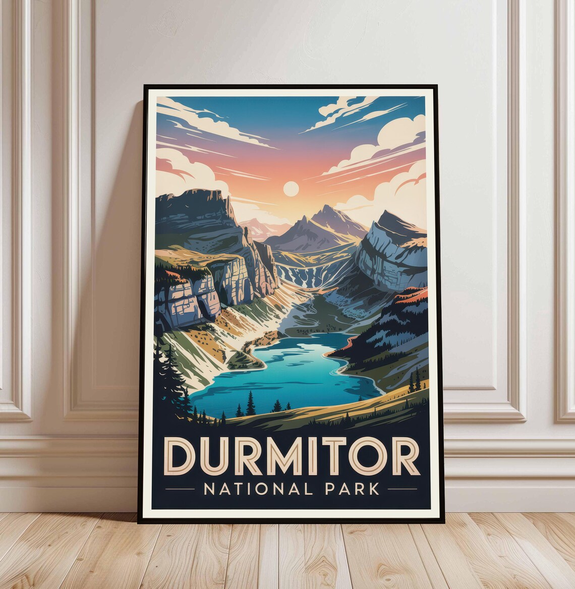Durmitor National Park Sunset Lake Peaks Vintage Travel Poster