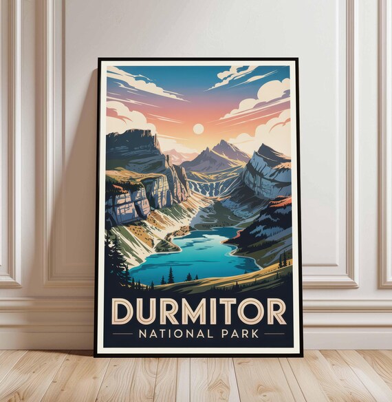 Durmitor National Park Sunset Lake Peaks Vintage Travel Poster