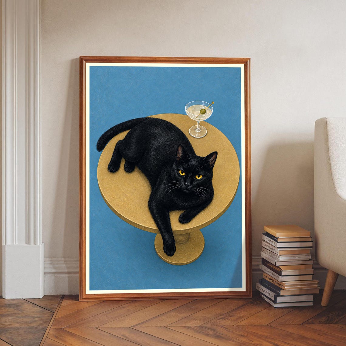 Black Cat Martini Print Whimsical Animal Wall Art Retro Bar Cart Decor Quirky Kitchen Poster