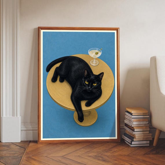 Black Cat Martini Print Whimsical Animal Wall Art Retro Bar Cart Decor Quirky Kitchen Poster